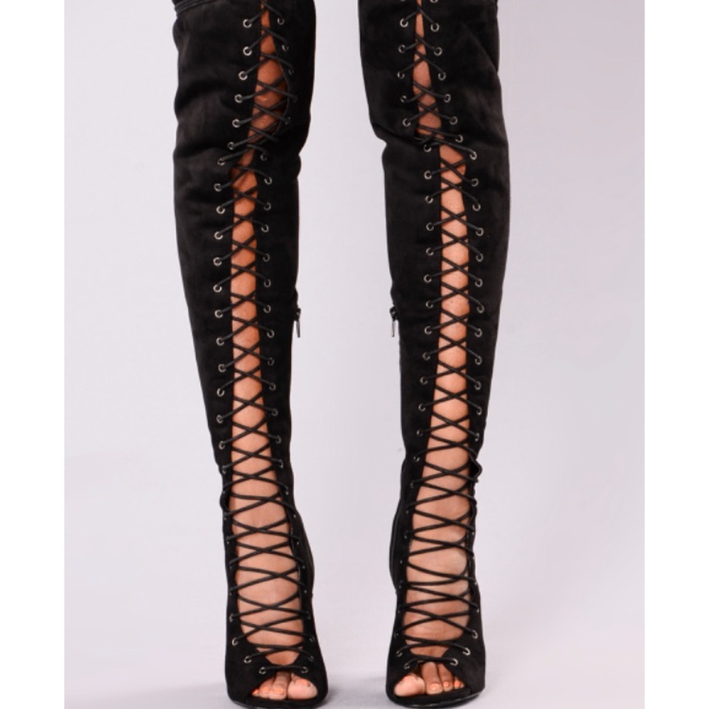 Black lace up over the knee heels!